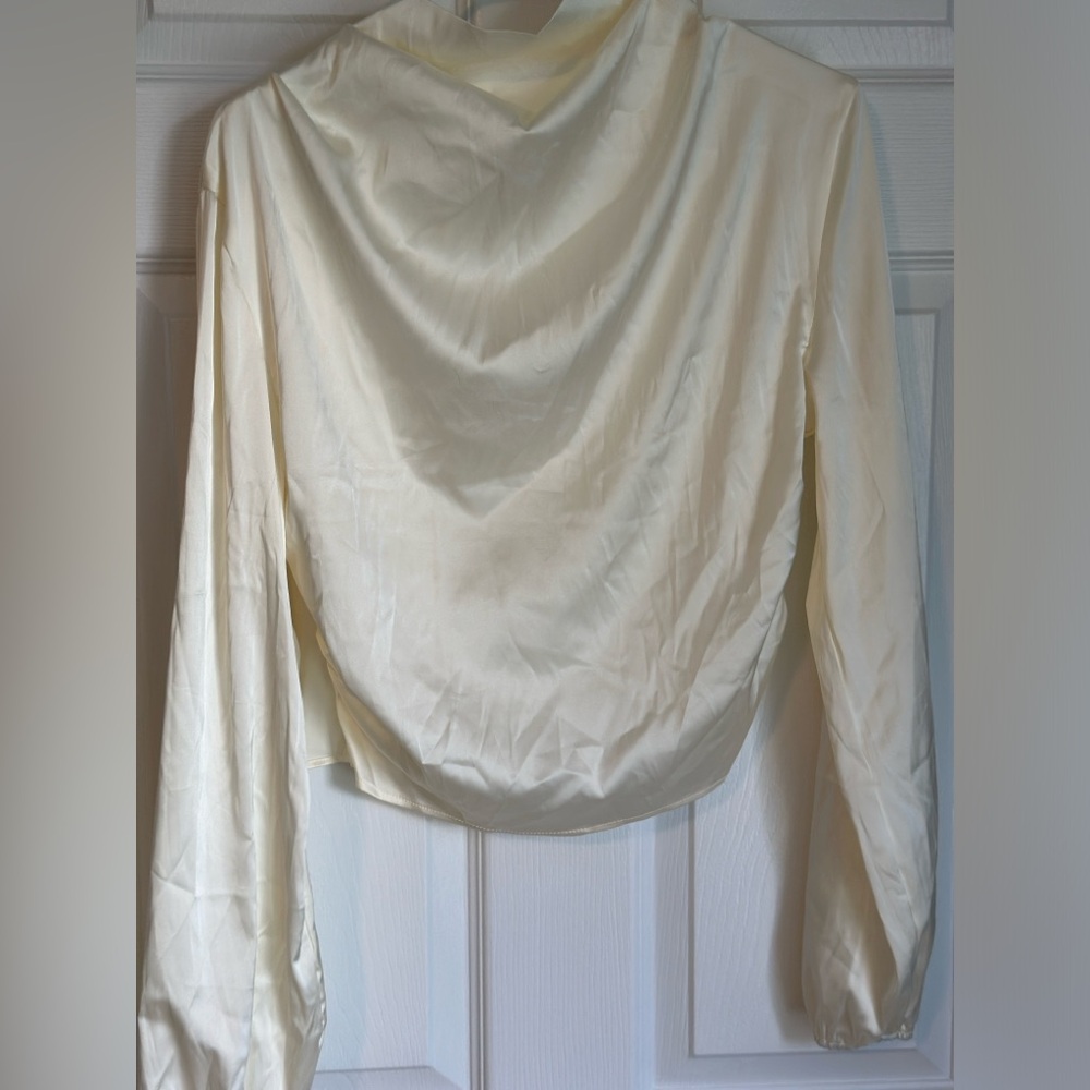 Women's Mock Neck Satin Crop Blouse Lantern Long Sleeve Ruched Shirt Top